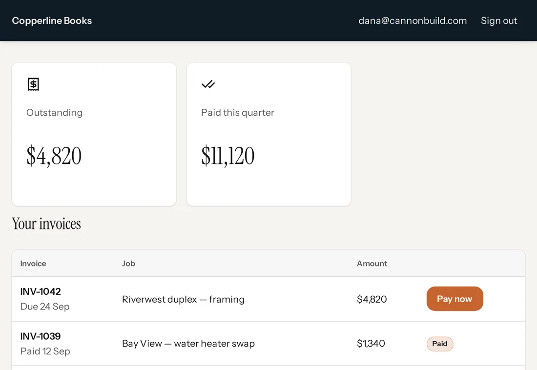 A client portal built by Creai, showing outstanding and paid invoices