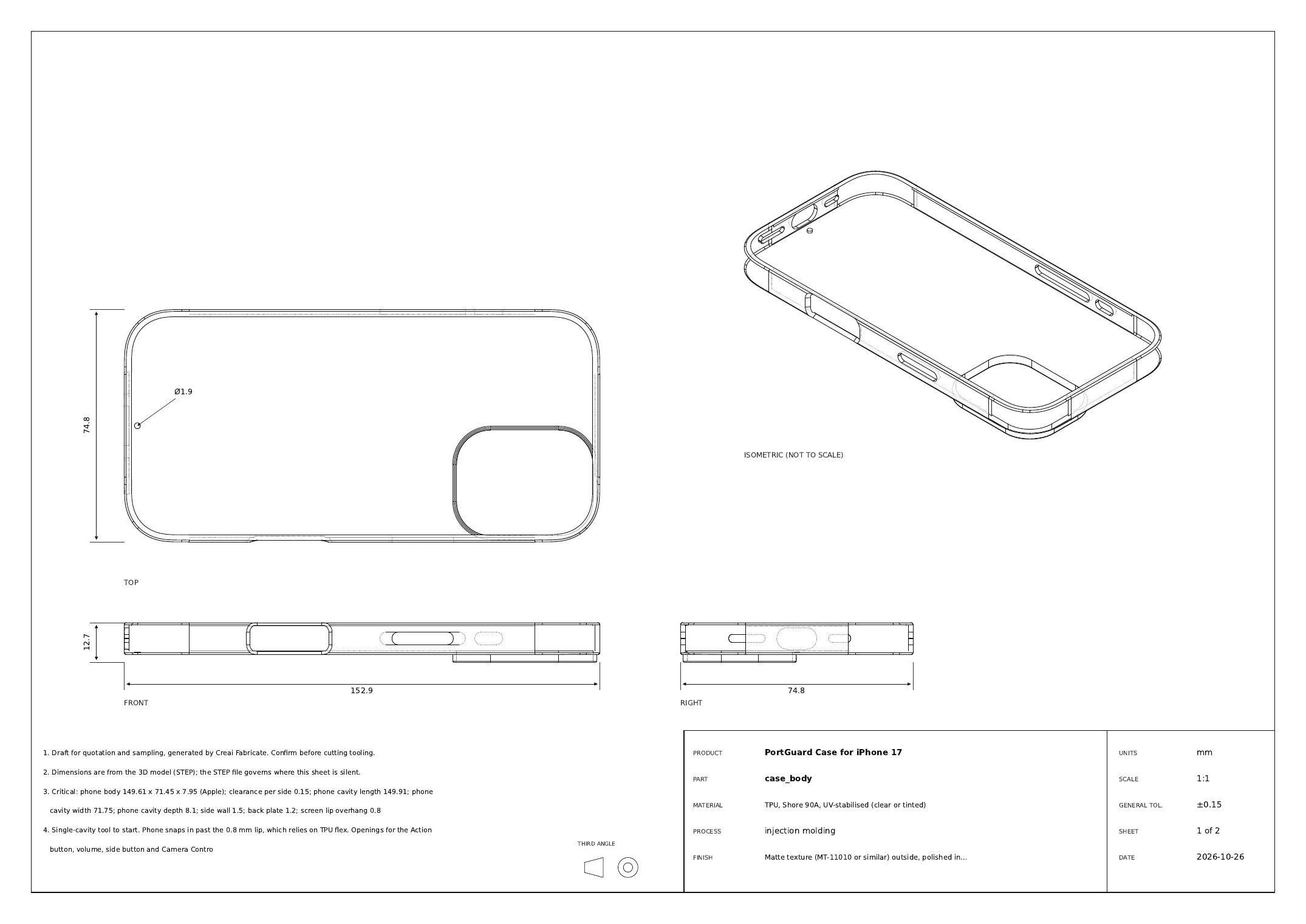 The iPhone 17 case body's A3 manufacturing drawing: top, front and right views with dimensions, and a title block naming TPU 90A, injection molding and a ±0.15 mm tolerance